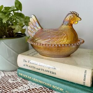 Vintage Iridescent Amber Glass Hen on a Nest Dish